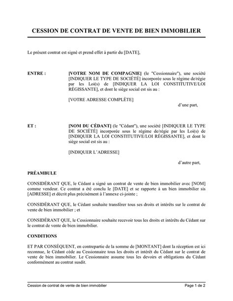 Exemple De Cession De Contrat De Vente De Bien Immobilier Doc Pdf Hot