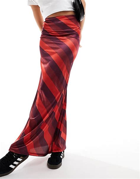 Asos Design Satin Twill Maxi Skirt In Red Stripe Asos