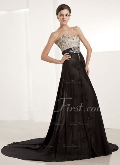 A Line Princess Sweetheart Chapel Train Chiffon Charmeuse Evening Dress