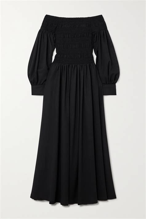 Max Mara Manu Off The Shoulder Shirred Wool Gauze Maxi Dress Black