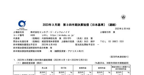 ミンカブ・ジ・インフォノイド 4436 ：2023年3月期第3四半期 決算短信〔日本基準〕（連結） 2023年2月14日適時開示 ：日経