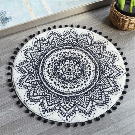 Uphome Small Round Rug 2 Boho Beige And Black Bathroom Rug With Pom