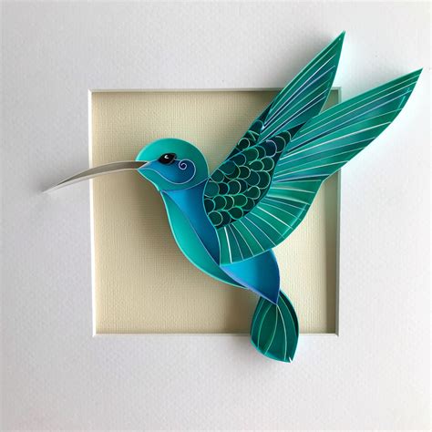 Hummingbird Framed D Paper Art Original Artwork Blue Etsy