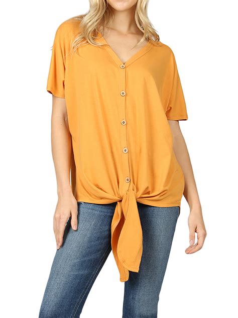 Women Short Sleeve V Neck Button Down T Shirts Tie Front Knot Loose