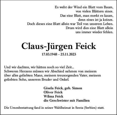 Traueranzeigen von Claus Jürgen Feick vrm trauer de