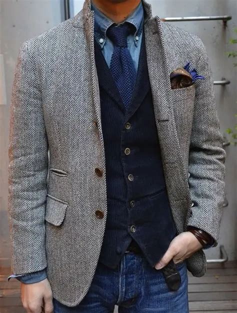 2018 Gris Laine Tweed À Chevrons Smoking Veste Britannique Hommes