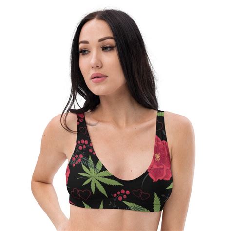 Cannabis And Roses Bikini Swimsuit Top With Removeable Pads