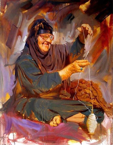 Figurative Art Iraqi Painting Of A Woman Knitting