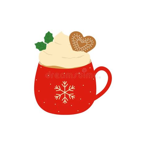 Red Cup Of Hot Chocolate With Whipped Cream And Gingerbread Cookie Template For Cozy Winter