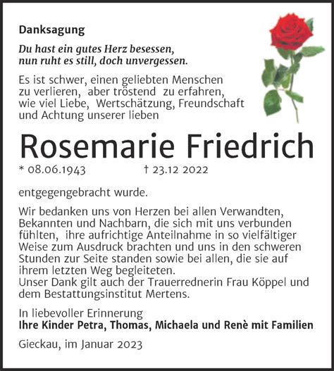 Traueranzeigen Von Rosemarie Friedrich Abschied Nehmen De