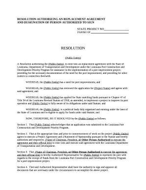 RESOLUTION AUTHORIZING AN REPLACEMENT AGREEMENT Doc Template PdfFiller