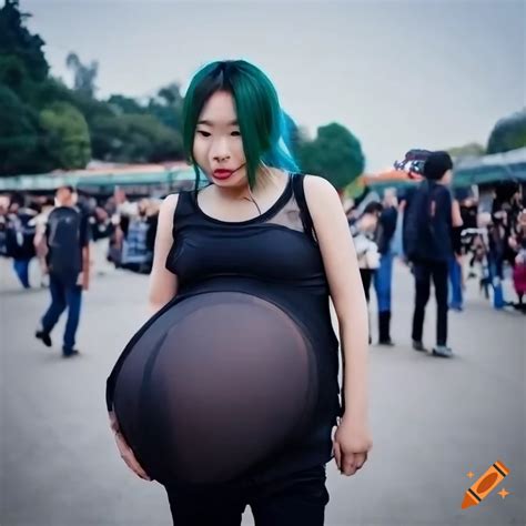 Picture Of A Japanese Punk Girl With A Pregnant Belly At A Theme Park