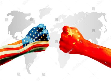 Flags Of Usa Or United States Of America And China On Hands Punch To