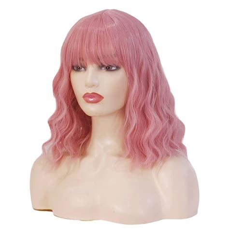 Aokiya Pink Wigs For Women Short Curly Wavy Pink Bob Wig