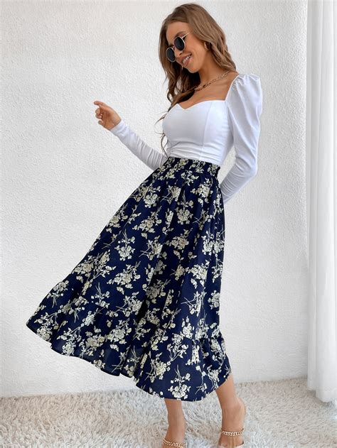 Shein Vcay Bainha De Ruffle Floral Estampa Em Toda A Parte Boho Saia