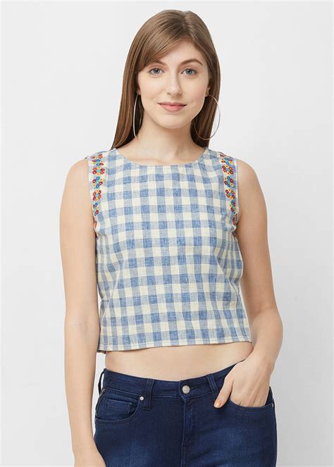 Get Tie Up Back Detail Checkered Crop Top At Lbb Shop