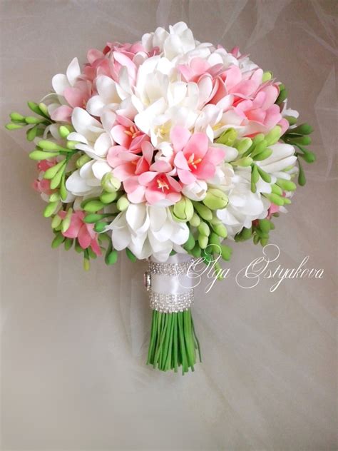 White, Pink Freesia Bouquet With Boutonniere. Clay Wedding Bouquet ...