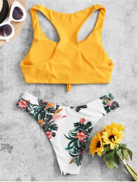 Zaful Plant Print Knot Racerback Bikini Swimsuit Rubber Ducky Yellow