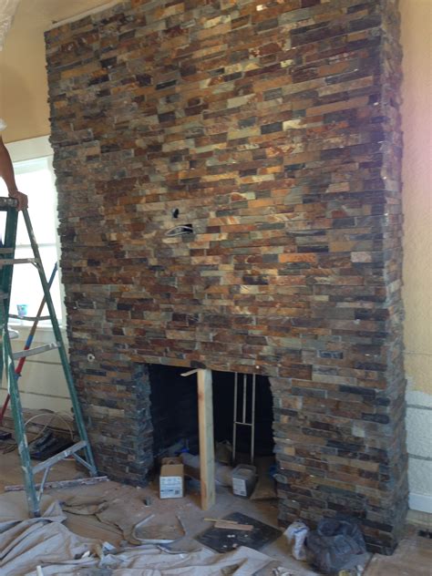 Fireplace With Stacked Slate Almost Done Farmhouse Fireplace