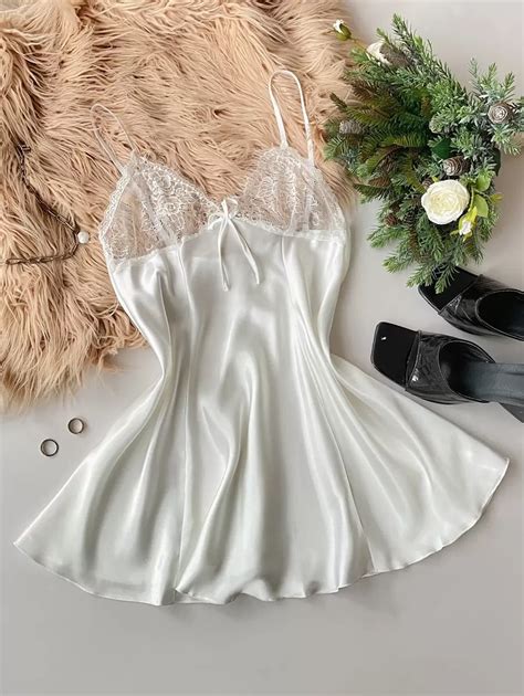 SilkySpell Bow Front Lace Trim Satin Babydoll Sexy Lingerie Dress Bow Tie SHEIN USA