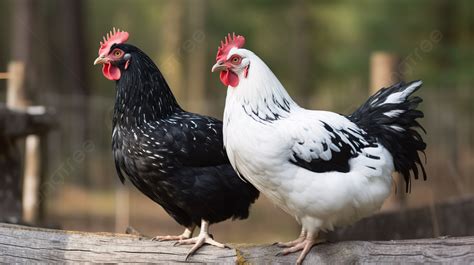 Fondo Pollos Blancos Y Negros Parados En Un Tronco Fondo Imagen De