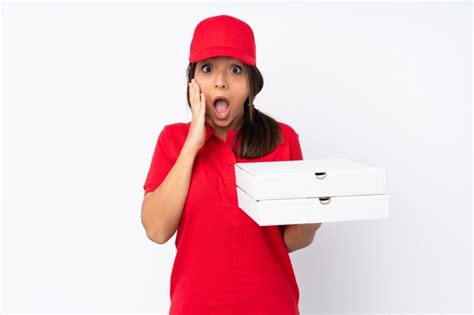 Premium Photo Young Pizza Delivery Girl Over Isolated White Wall With Surprise And Shocked