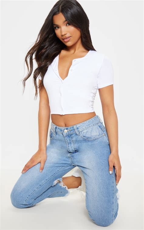 White Button Front Short Sleeve Crop Top Prettylittlething Ie