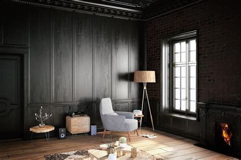 Dark Living Room With Black Full Wainscoting And Brick Walls It Includes A Gray Chair Lighted