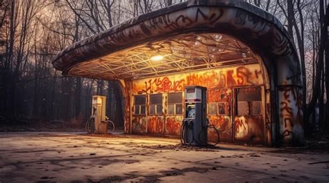 Premium Photo | A gas station with graffiti on the roof