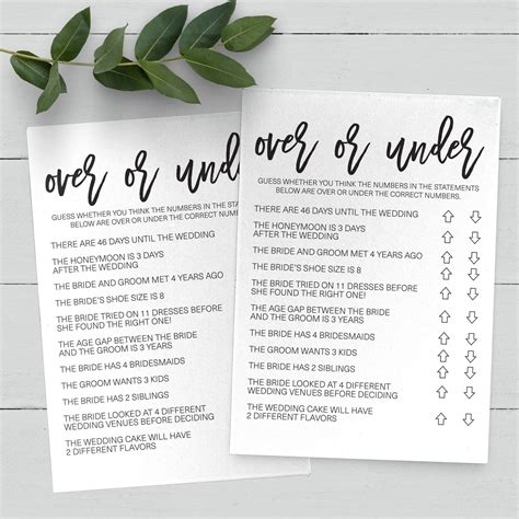 Over Or Under Bridal Shower Game Over Or Under Bridal Etsy