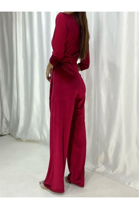 Secret Passion Lingerie New Sezon Kadife Kumaş Kruvaze Yaka Kuşaklı Uzun Abiye Tulum