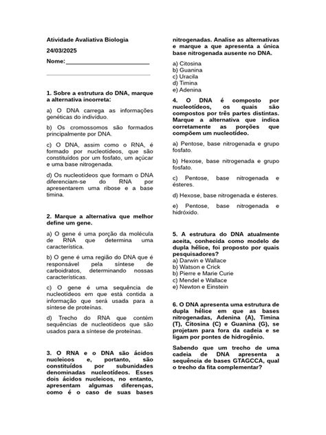 Questoes Sobre Dna E Rna - Estrutura do DNA: Questões e Exercícios | PDF | DNA | RNA