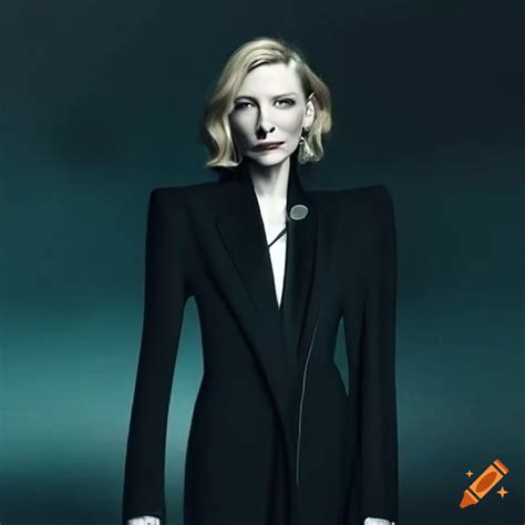 Cate Blanchett Standing In A Black Suit On Craiyon