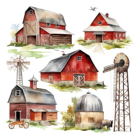 Premium Vector Watercolor Barns Clipart Farm Style Red Barn House