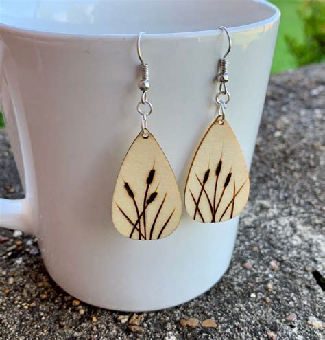 Wood Burned Earrings Cattail Earrings Teardrop Wood Earrings Silver