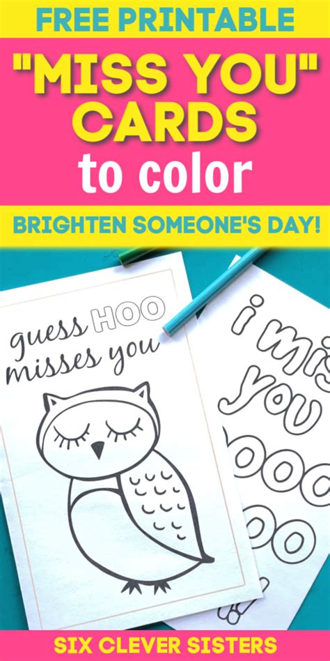 Free Printable "Miss You" Cards to Color - Six Clever Sisters