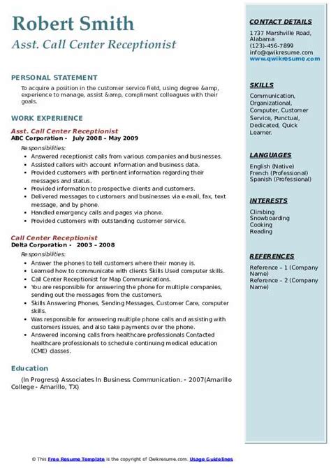 Call Center Receptionist Resume Samples Qwikresume