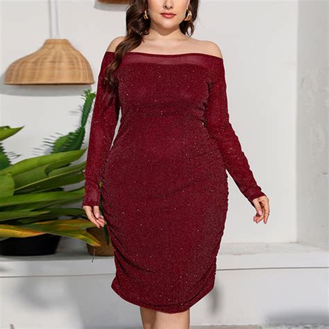 Off Shoulder Long Sleeve Sexy Pleated Slim Fit Curvy Dresses Wholesale