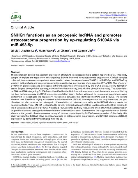 Pdf Snhg Functions As An Oncogenic Lncrna And Promotes Osteosarcoma