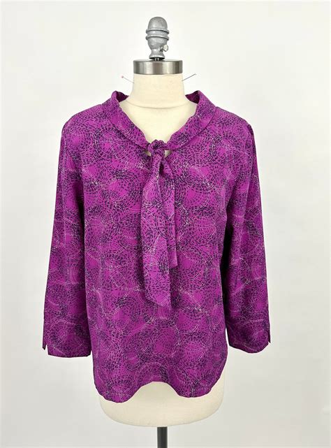 80s Vintage Pussy Bow Blouse Purple Black Abstract Etsy