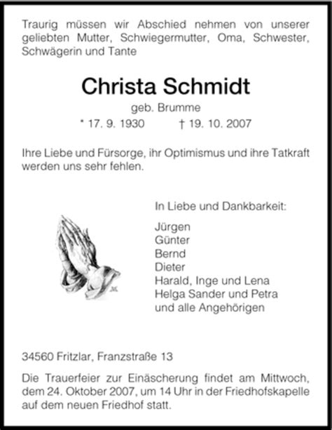 Traueranzeigen Von Christa Schmidt Trauer Hna De