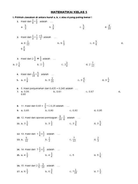 Soal Pts Matematika Kelas 5 Semester 1 K13 Tahun 2020 2021 Pdf