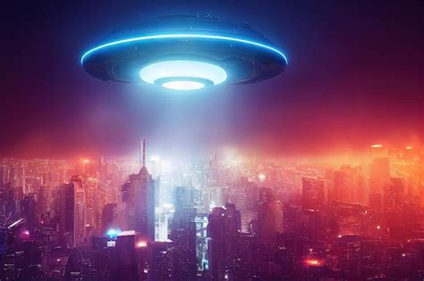 Un Platillo Alienígena Flotando Sobre La Ciudad Ovni Invasión Alienígena Objeto Volador No