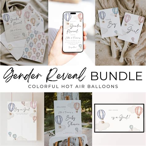 Editable Hot Air Balloons Gender Reveal Bundle Invitation Evite Welcome