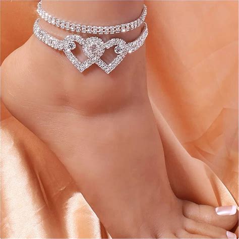 Cheap 2pcs Rhinestone Heart Anklet Bracelets Crystal Lariat Love Heart