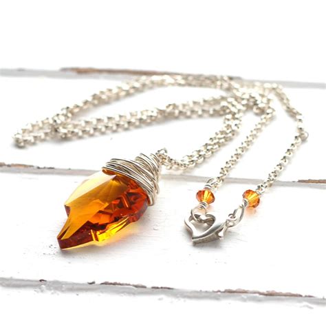 Orange Leaf Necklace Topaz Swarovski Crystal by GreenRibbonGems