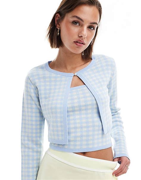 Asos Design Split Front Crop Cardigan In Gingham Co Ord In Blue Asos