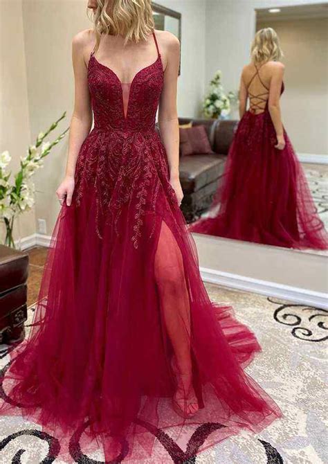 Beautiful A Line V Neck Spaghetti Straps Tulle Prom Dressevening Dres