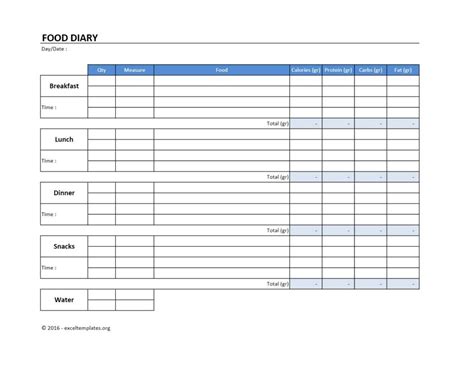 Food Diary Template Excel Templates Excel Spreadsheets