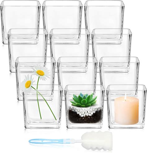 Hwashin 12 Pack Square Glass Vases 3” X 3” Clear Cube Glass Flower Vases Mini